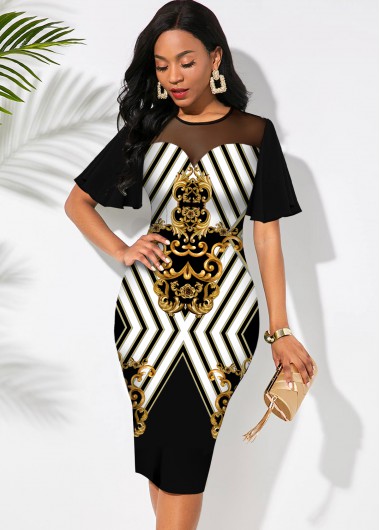 Modlily Baroque Print Mesh Stitching Short Sleeve Dress - XXL