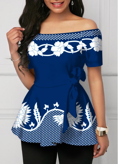 Modlily Off Shoulder Geometric Print Tie Side T Shirt - XXL