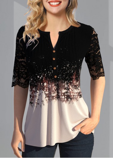 Modlily Lace Patchwork Split Neck Button Detail T Shirt - M