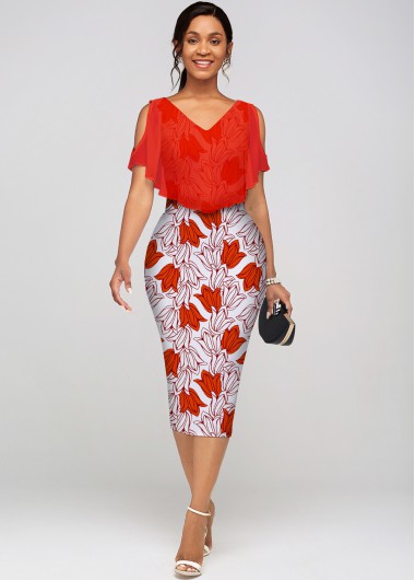 Modlily Cold Shoulder V Neck Floral Print Dress - M