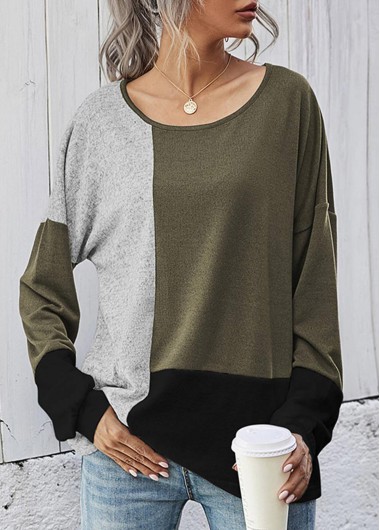 Modlily Long Sleeve Round Neck Contrast T Shirt - L