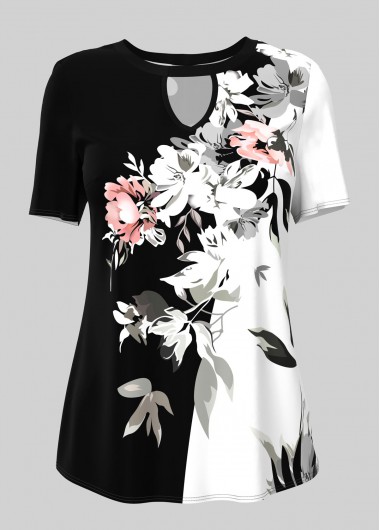 Modlily Floral Print Cutout Short Sleeve T Shirt - XL