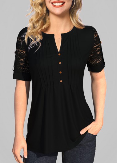 Modlily Lace Patchwork Solid Split Neck T Shirt - S