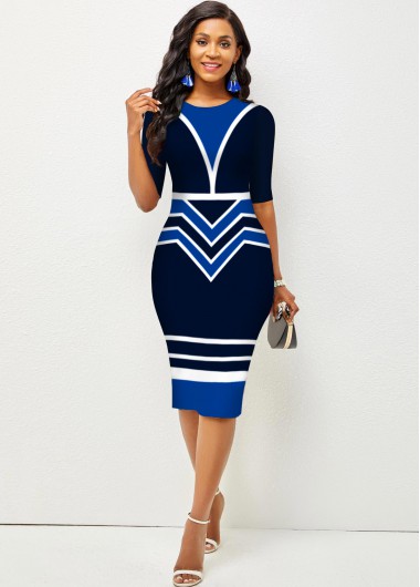 Modlily Stripe and Geometric Print Round Neck Dress - M
