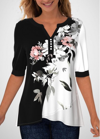 Modlily Floral Print Split Neck Decorative Button Blouse - XL