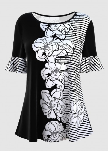 Modlily Stripe and Floral Print Round Neck Short Sleeve T Shirt - M