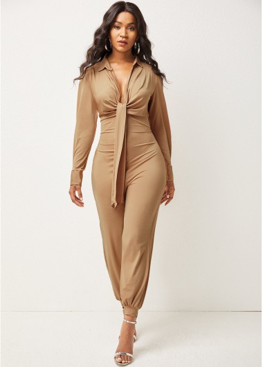 Modlily Solid Long Sleeve Turndown Collar Jumpsuit - S