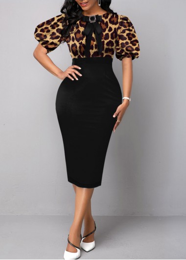 Modlily Puff Sleeve Leopard Bowknot Bodycon Dress - XL