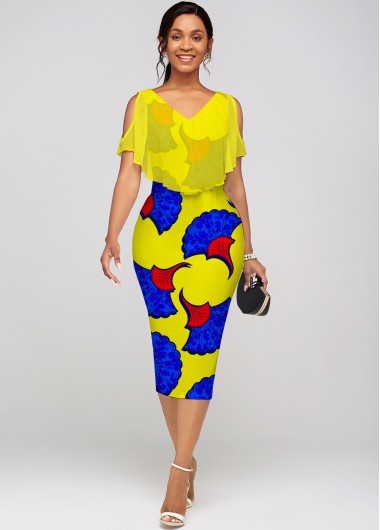 Modlily Chiffon Cape Printed V Neck Dress - M