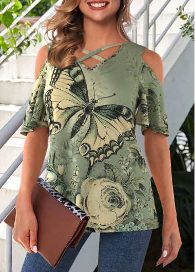 Modlily Butterfly Print Cold Shoulder Cross Strap T Shirt - M