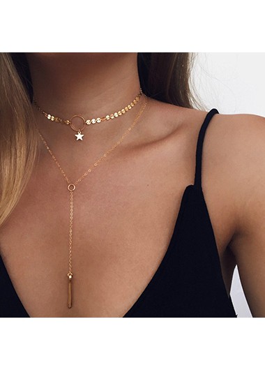 Modlily Metal Detail Star Design Layered Pendant Necklace - One Size