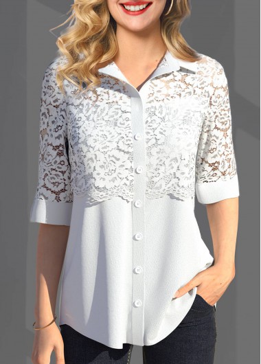 Modlily Button Up Solid Lace Stitching Blouse - XL