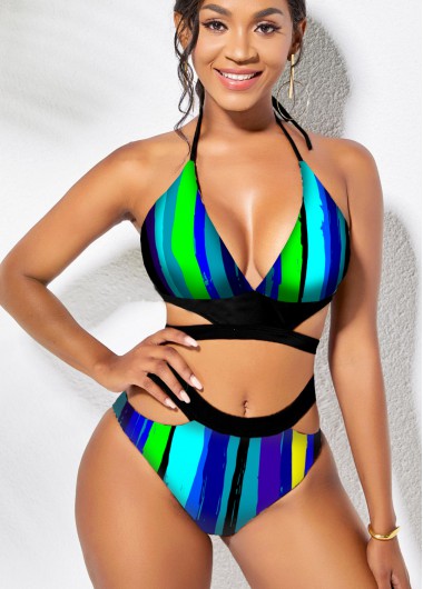 Modlily Striped Mid Waist Halter Bikini Set - L