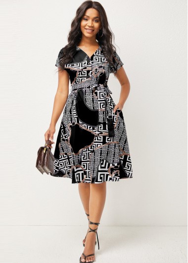 Modlily Printed V Neck Short Sleeve Shirt Dress - S