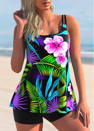Modlily Floral and Leaf Print Tankini Set - M