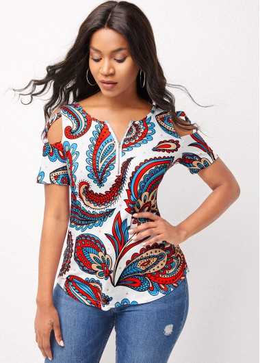 Modlily Paisley Print Cold Shoulder Quarter Zip T Shirt - 3XL