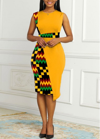 Modlily Tribal Print Round Neck Contrast Dress - M