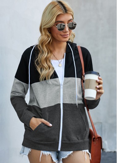 Modlily Contrast Drawstring Detail Zipper Closure Hoodie - L