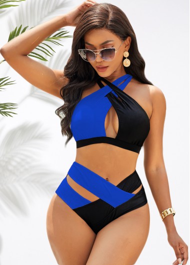 Modlily Cross Halter Contrast High Waist Bikini Set - M