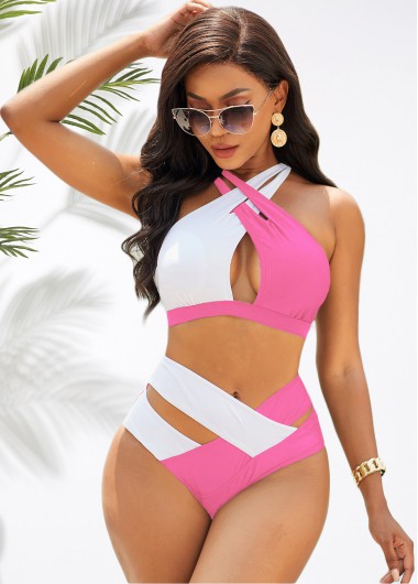 Modlily Cross Halter Contrast High Waist Bikini Set - L