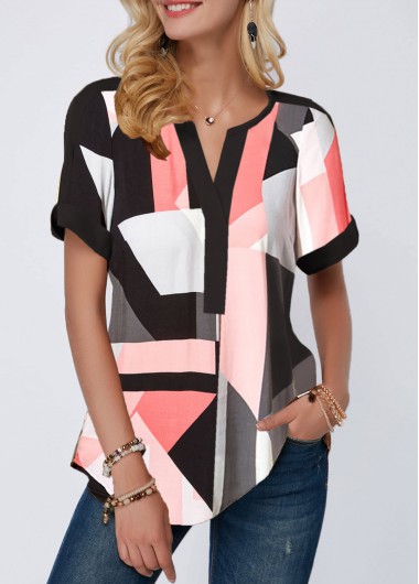 Modlily Geometric Print Split Neck Short Sleeve Blouse - XXL