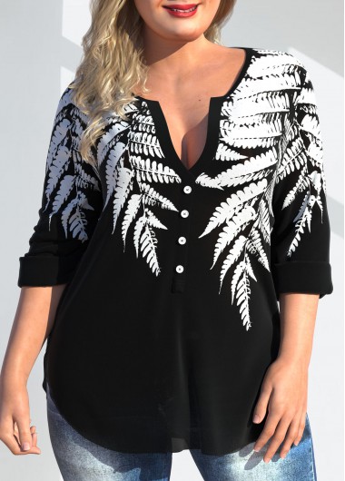 Modlily Leaf Print Split Neck Plus Size Blouse - 1X