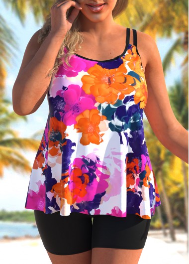 Modlily Plus Size Floral Print Double Straps Tankini Set - 3X