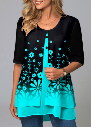 Modlily Ombre Floral Print Faux Two Piece Round Neck T Shirt - XXL