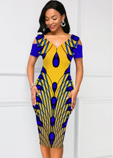 Modlily Cold Shoulder Geometric Print V Neck Dress - M