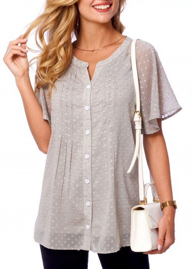 Modlily Split Neck Solid Short Sleeve Blouse - M