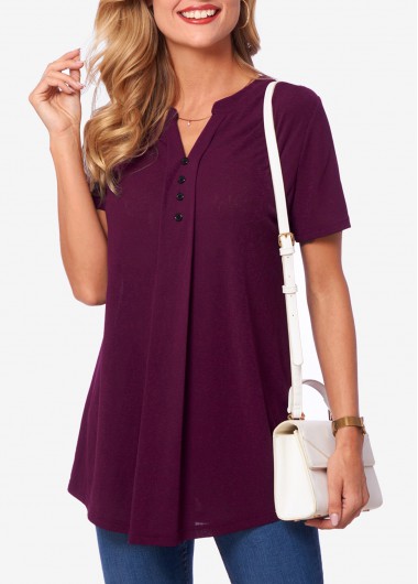 Modlily Solid Deep Purple Short Sleeve Split Neck T Shirt - M