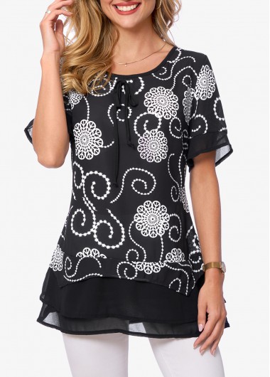 Modlily Tie Front Chiffon Short Sleeve Layered Hem Blouse - M