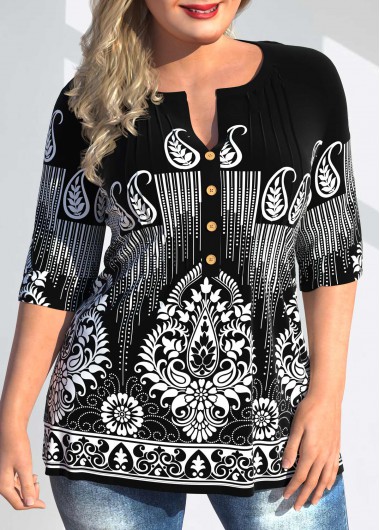 Modlily Plus Size Split Neck Tribal Print Blouse - 2X