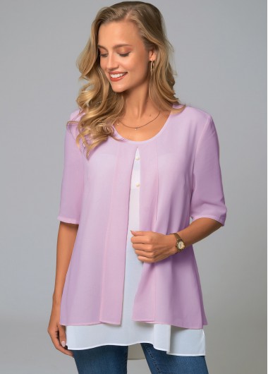 Modlily Faux Two Piece Round Neck Decorative Button Blouse - XL