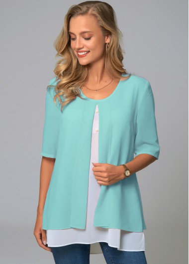 Modlily Faux Two Piece Round Neck Decorative Button Blouse - M