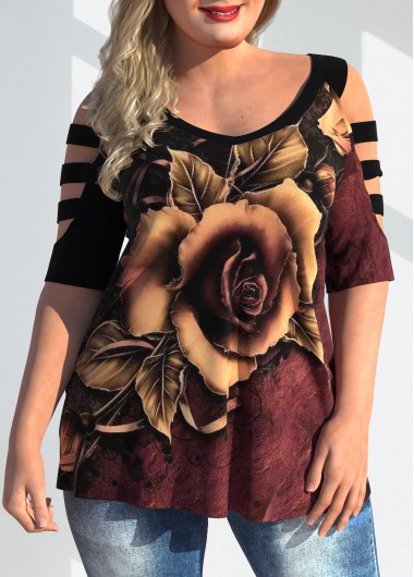 Modlily Ladder Cutout Plus Size Floral Print T Shirt - 2X