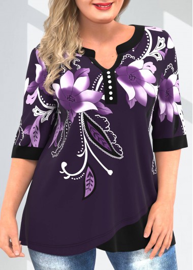 Modlily Plus Size Split Neck Floral Print Blouse - 1X