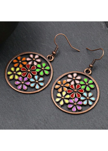 Modlily Circle Design Floral Detail Metal Earrings - One Size