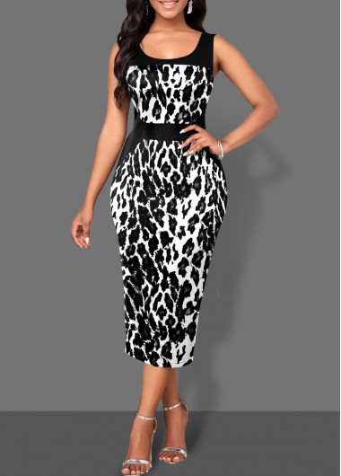 Modlily Leopard Wide Strap Bodycon Monochrome Dress - L