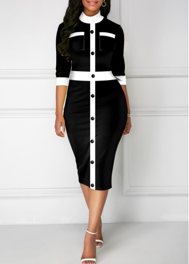 Modlily Double Pocket Decorative Button Three Quarters Sleeve Dress - M