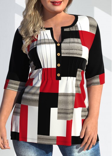 Modlily Plus Size Split Neck Geometric Print T Shirt - 3X