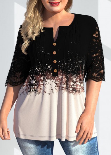 Modlily Lace Patchwork Plus Size Split Neck T Shirt - 3X