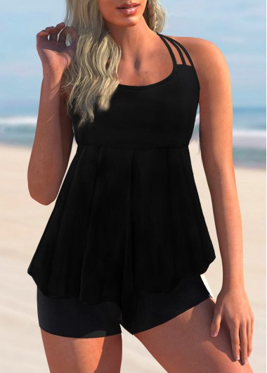 Modlily Solid Halter Tie Back Tankini Set - S