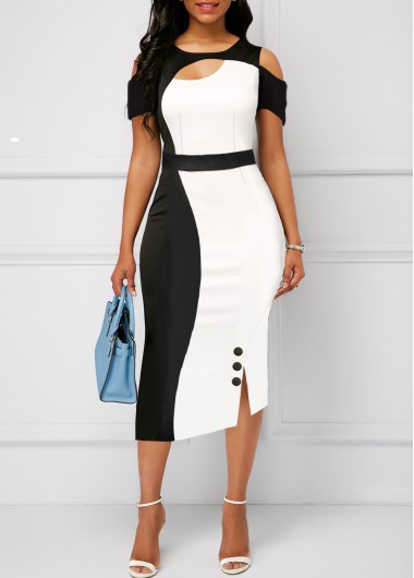 Modlily Color Block Cold Shoulder Cutout Dress - L