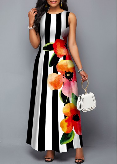 Modlily Stripe and Floral Print Sleeveless Round Neck Dress - M