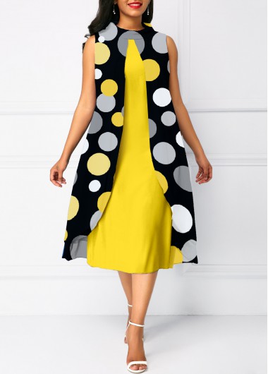 Modlily Polka Dot Round Neck Faux Two Piece Dress - M