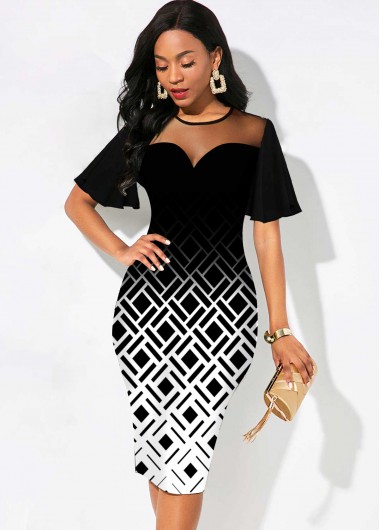 Modlily Ombre Short Sleeve Geometric Print Dress - M