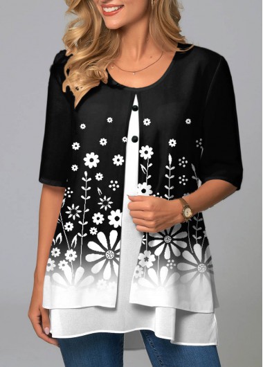 Modlily Round Neck Ombre Faux Two Piece T Shirt - XXL