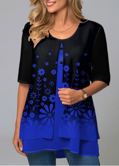 Modlily Floral Print Round Neck Faux Two Piece T Shirt - M