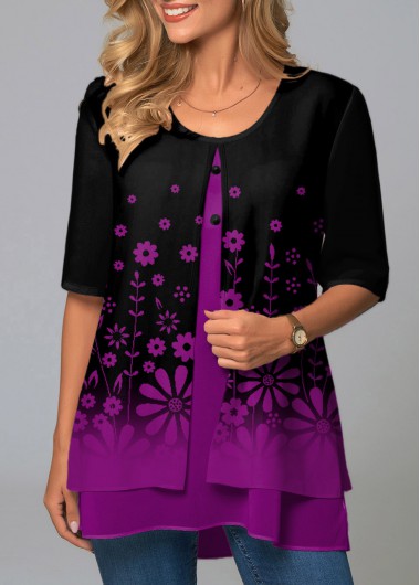 Modlily Ombre Floral Print Faux Two Piece T Shirt - XXL